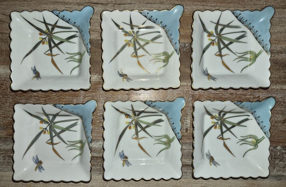 Vintage Kutani Kosen Porcelain Small Dishes/Saucers - Set of 6 - Hand-Painted Dr